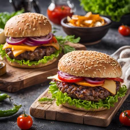 Ultimate Homemade Hamburger Close Up with Fresh Veggies