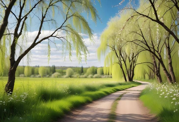 Ultra Wide Defocused Spring Scene with Willow Branches, Forest Road, and Blue Sky