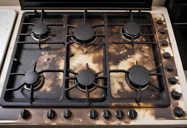 Unclean Kitchen Stove Greasy Cooktop with Food Residue, Oil Stains, and Fry Spots