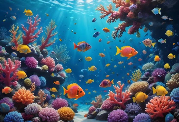 Underwater Fantasy with Playful Fish, Brightly Colored Coral Reefs, and Lively Marine Life