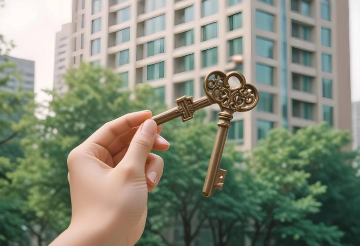 Unlocking the Door to a New High Rise Condo Hand Holding Key to Modern Urban Living