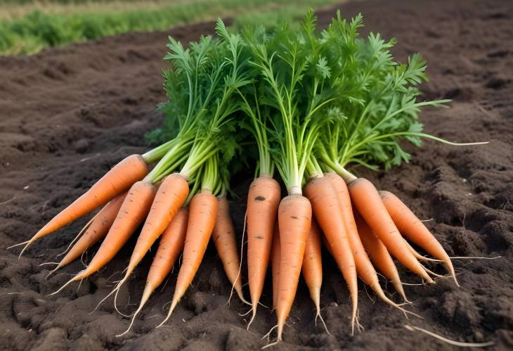 Unwashed Fresh Carrots and Greens on the Ground A Field View