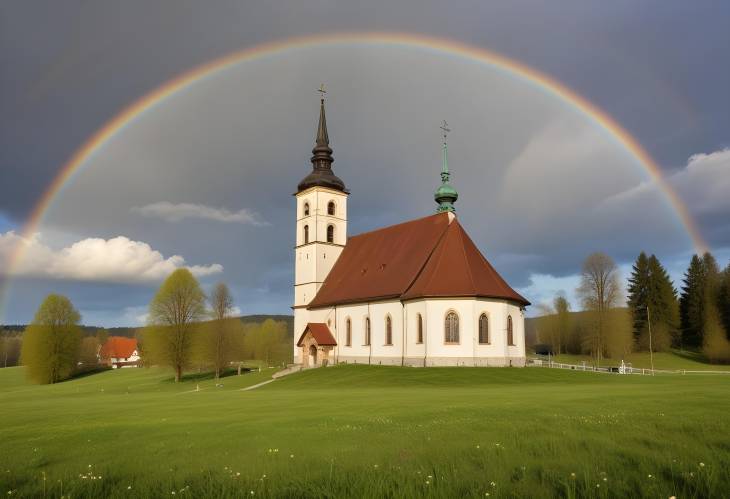 Upper Bavaria Church and Meadow Spring Rainbow Beneath Cloudy Sky in Rottenbuch