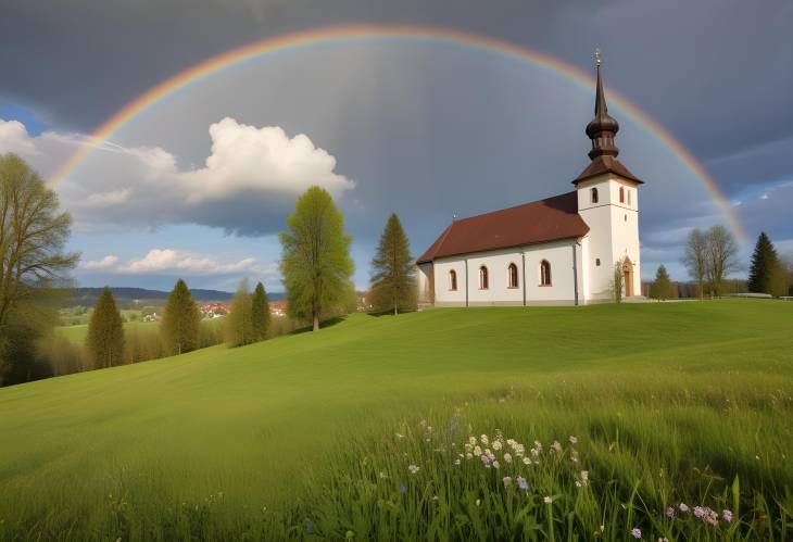 Upper Bavaria Church and Meadow Spring Rainbow Beneath Cloudy Sky in Rottenbuch