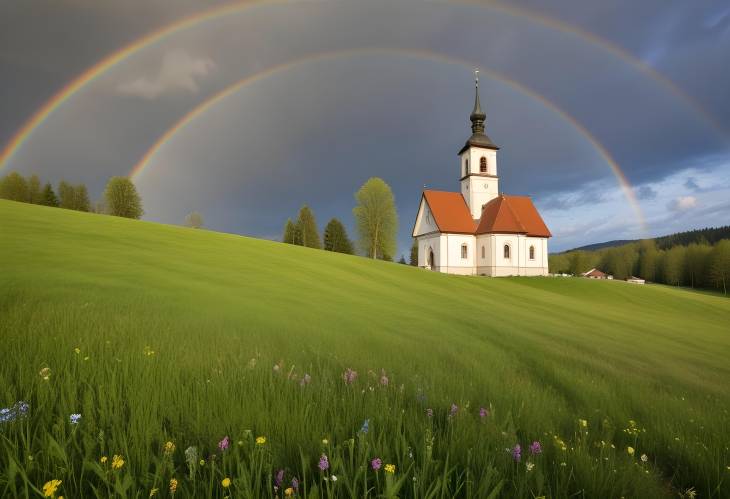 Upper Bavarias Rottenbuch Meadow, Church, and Rainbow Under Cloudy Sky