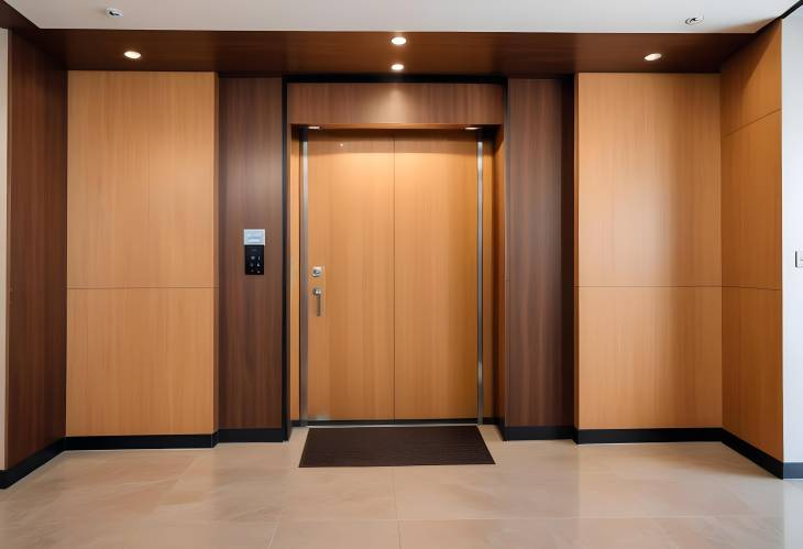 Upscale apartment lobby featuring elevator and wood detailed modern decor