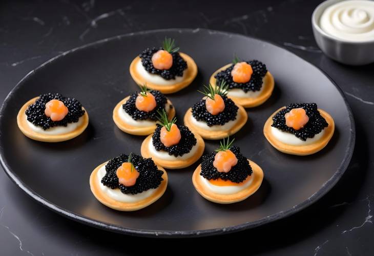 Upscale Holiday Appetizer Black Caviar, Mini Pancakes, and Cream on Marble