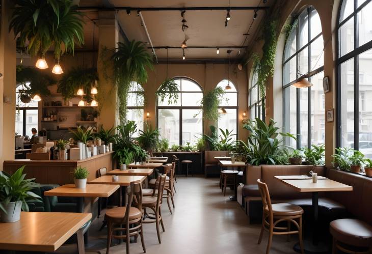 Urban Cafe Interior with Indoor Plants  Fresh, Modern, and Cozy Setting