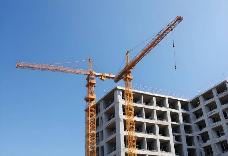 Urban Construction The Rise of Buildings with Tower Cranes Against a Blue Sky