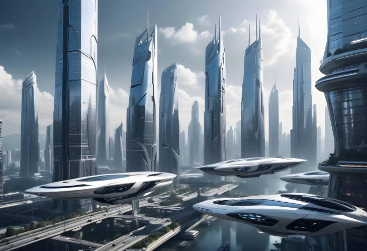 Urban Futuristic City with Sleek Skyscrapers, Hover Vehicles, and a CuttingEdge, Clean Environment