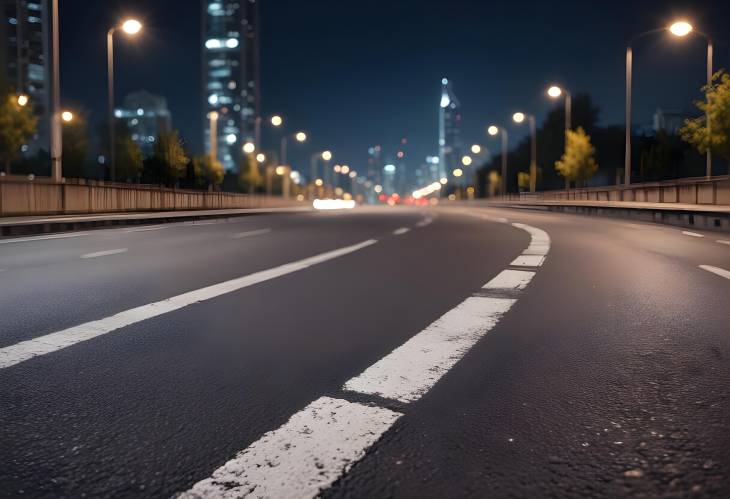 Urban Night Roadway Asphalt Path Leading into City Lights and Skyline