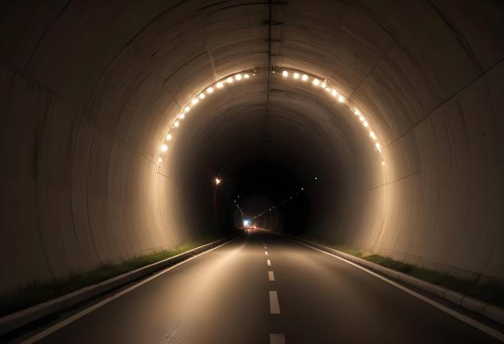 Urban Road with Light at the End of the Tunnel Traffic Flowing and Dawn Breaking