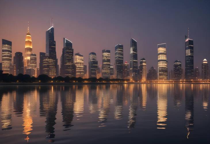 Urban Skyline with Modern Skyscrapers Reflecting in Calm River Waters at Dusk