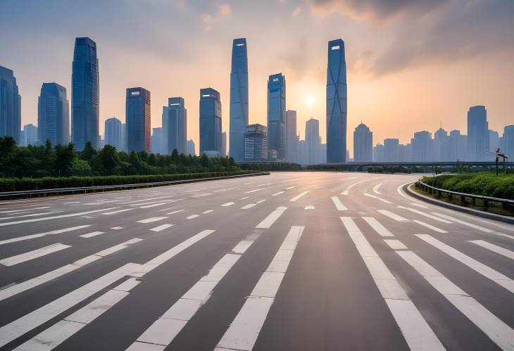 Urban Sunrise in Chongqing Asphalt Road Square and Modern Skyline