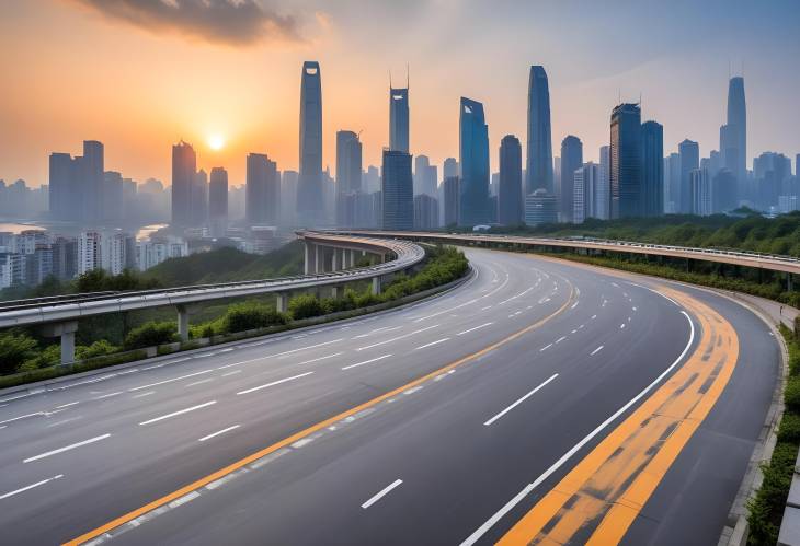 Urban Sunrise in Chongqing Asphalt Road Square with City Skyline