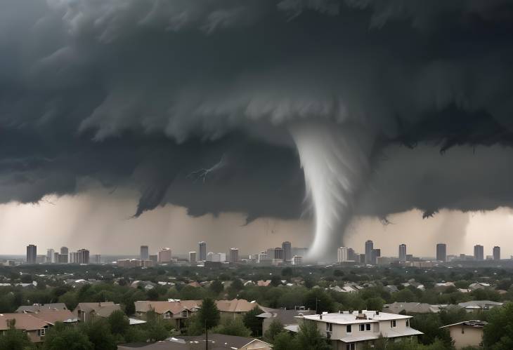 Urban Tornado Impact Stunning View of Twister Touching Down Near City Skyline