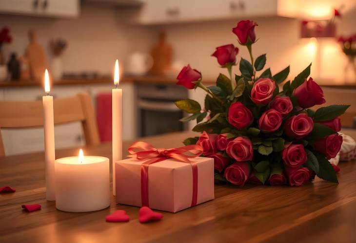 Valentines Day Romance Candlelit Roses and Gift Boxes on Wooden Table in Cozy Kitchen