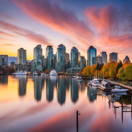 Vancouver Downtown Skyline Bathed in Sunset Glow, British Columbia, Canada