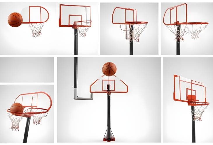 Varied Angles of Basketball Hoops in Collage on White Background Isolated and Detailed Views