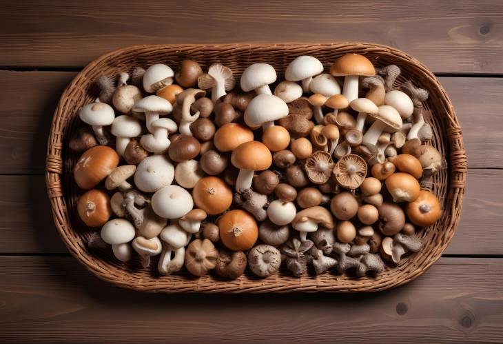 Variety of Fresh Raw Mushrooms on a Wicker Tray Outdoors