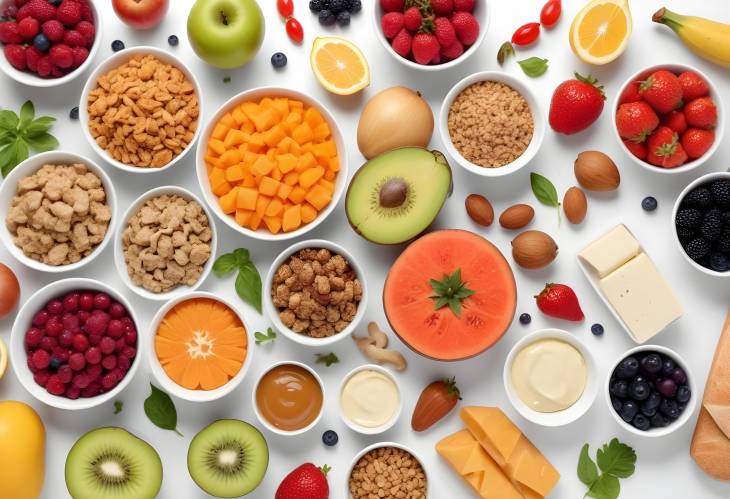 Variety of Healthy Foods on White Table, Flat Lay of Fresh Fruits and Vegetables