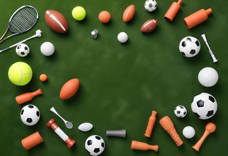 Variety of Sports Equipment on Green Grass  Flat Lay View with Balls, Rackets, and Gear