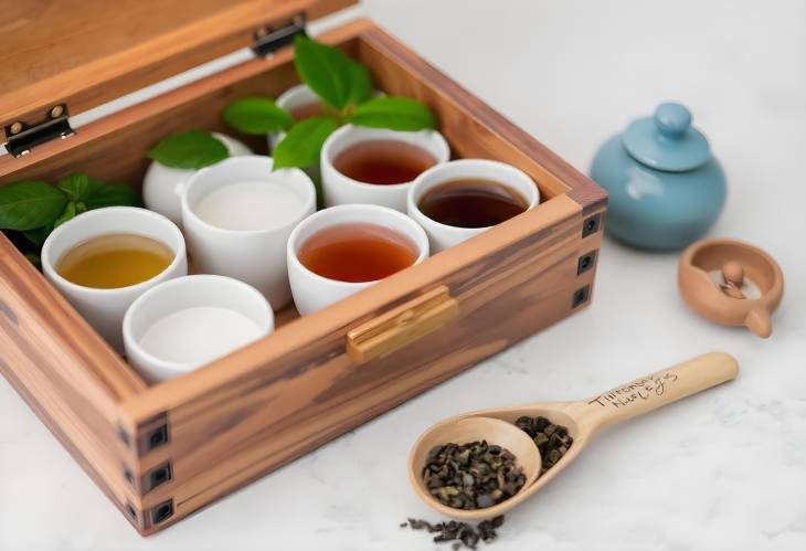 Variety of Teas in a Handcrafted Wooden Box with Tea Scoops