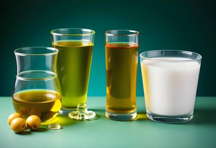 Various Glassware of Fresh Olive Oil with Green Background, Gourmet Photography