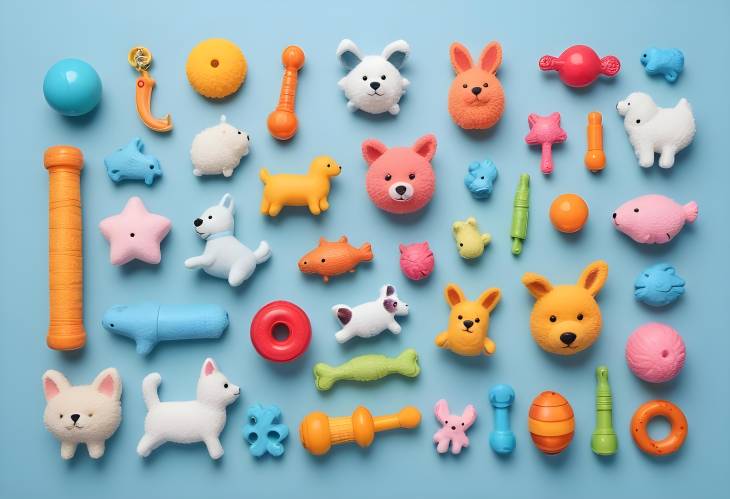 Various Pet Toys on Light Blue Background, Flat Lay for Pet Enthusiasts and Collectors