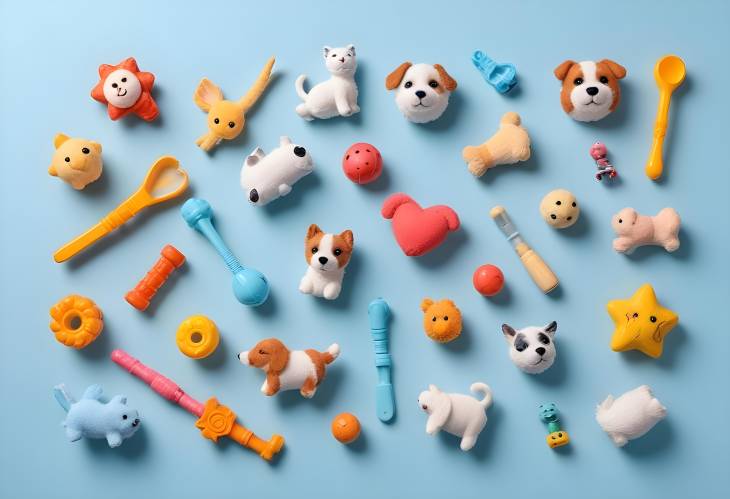 Various Pet Toys Spread Out on a Light Blue Background, Flat Lay View for Pet Owners