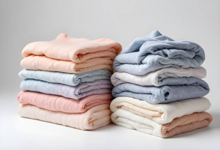 Various Soft Blankets Neatly Folded on a Pure White Background