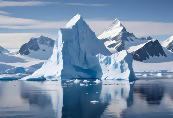 Vast Iceberg in Antarctic Waters Snow Covered Peaks and Glacier Reflected in Brilliant Blue Ocean