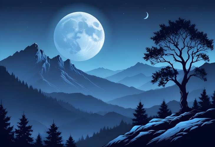 Vector Illustration of Blue Mountains with Large Moon, Clear Sky, and Tree Silhouettes