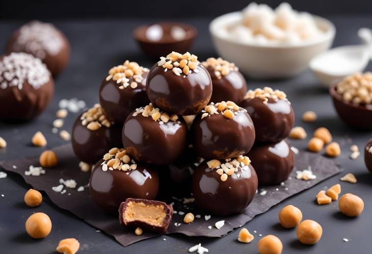 Vegan Chickpea and Peanut Butter Candies  Chocolate Glazed Energy Balls with Coconut Chips