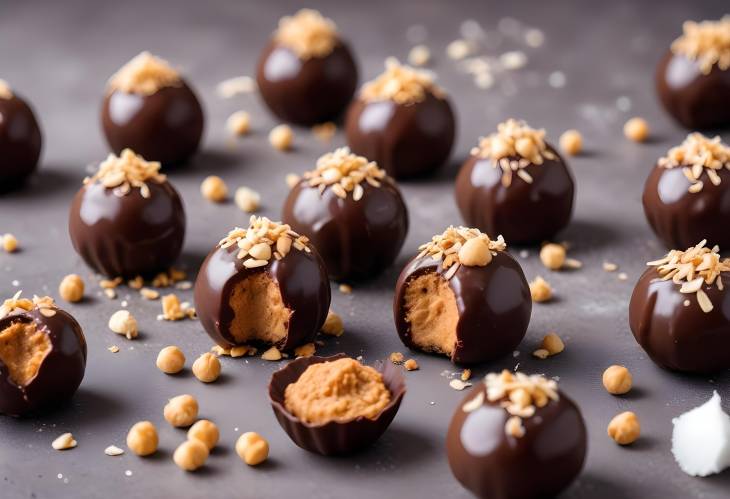 Vegan Energy Balls  Chickpea and Peanut Butter Candies with Chocolate Glaze and Coconut Chips