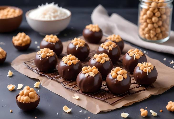 Vegan Energy Balls  Chickpea and Peanut Butter with Chocolate Glaze and Coconut Chips