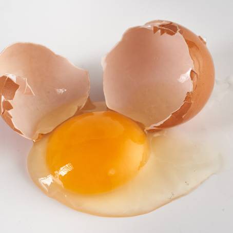 Vertical Top View of Broken Egg with Yolk and Shell on White Surface