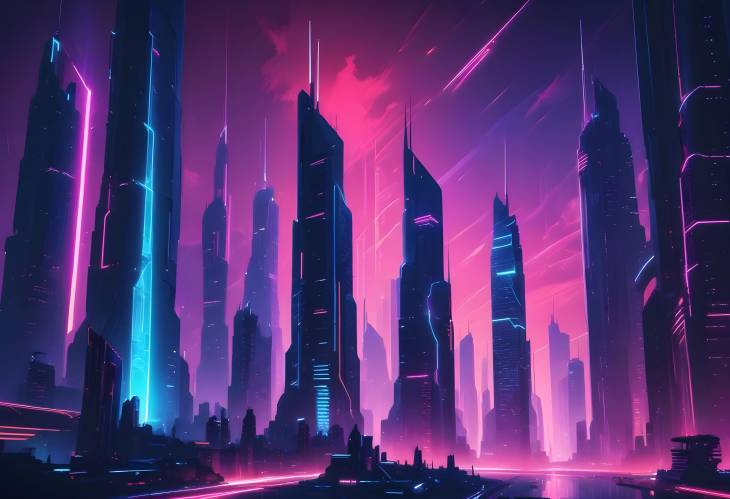 Vibrant Abstract Cityscape with Neon Lights and Futuristic Skyscrapers