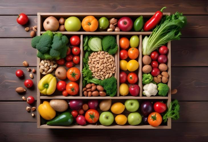 Vibrant and Healthy Fresh Veggies, Nuts, and Fruits in Wooden Box