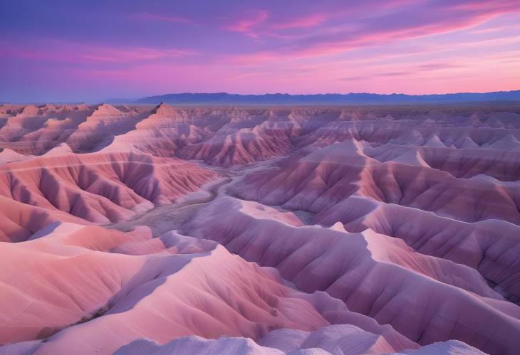 Vibrant Badlands at Sunrise Rugged Terrain with Pink and Purple Skies