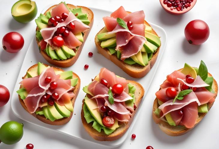 Vibrant Bruschettas with Avocado, Prosciutto, Tomatoes, and Pomegranate  A Fresh Italian Appetizer