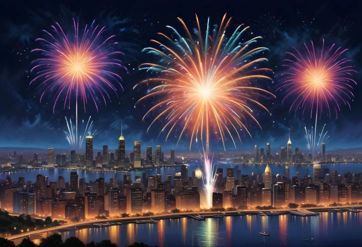 Vibrant Cityscape Fireworks Explosions in the Night Sky Above Urban Lights