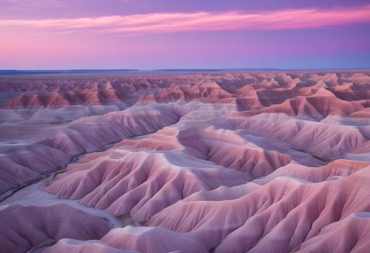 Vibrant Dawn in the Badlands Rugged Terrain with Pink and Purple Skies