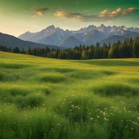 Vibrant Green Meadow with Majestic Mountain Range  Natures Splendor