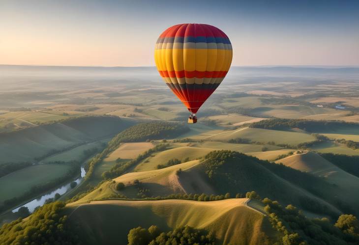 Vibrant Hot Air Balloon Floating Over Rolling Countryside  Aerial Beauty