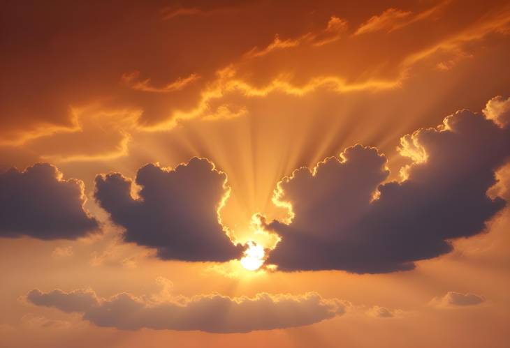 Vibrant Orange Sky with Sun and Clouds in Hot Summer Weather, Beautiful Sunset Scene