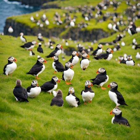 Vibrant Puffin Flock on Mykines Islands Coastal Cliffs  Faroe Islands Atlantic Ocean Nature Photo