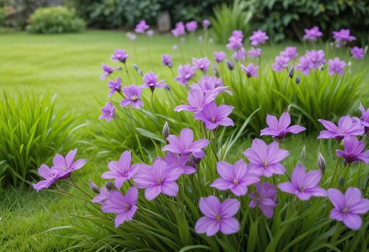 Vibrant Purple Flowers Blooming in the Morning with Lush Green Grass  Garden Beauty