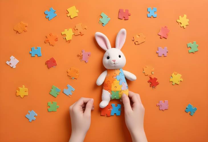 Vibrant Puzzle Pieces and Toy Bunny on Orange Background  Top View Autism Concept