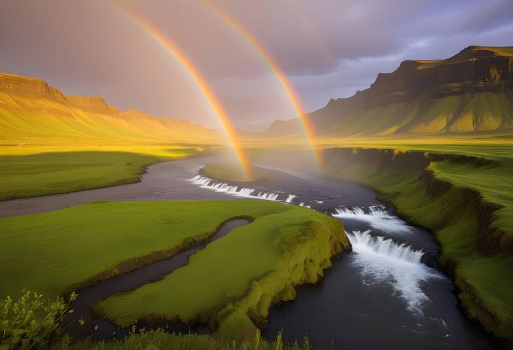 Vibrant Rainbow Over Krossa River in Porsmoerk, Iceland European Landscape Splendor